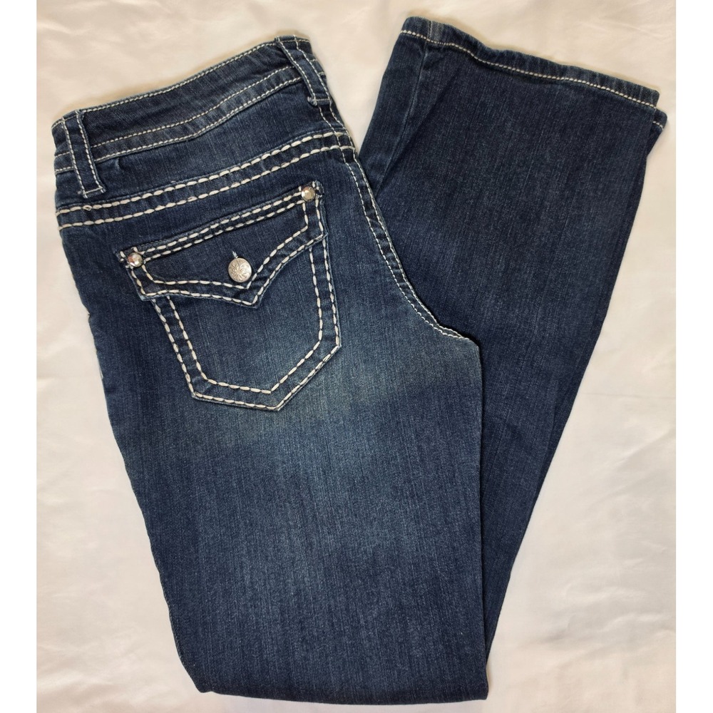 Paisley Sky Womens Jeans 12 Bootcut Y2K Western Rhinestone Thick Stitch Dark Was